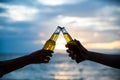 Silhouette of two men clanging bottles of beer together