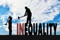 Silhouette of two men with sledgehammers smash word inequality