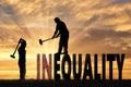 Silhouette of two men with sledgehammers smash word inequality