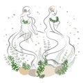 Silhouette of two mermaids. A beautiful girl sits on a stone in the water. Next to the leaves of the plant. Fantastic