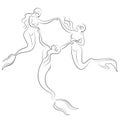 Silhouette of two mermaids. Beautiful girls swim in the water, dance. The lady is young and slim. Fantastic image of a