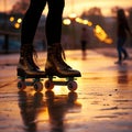 Silhouette of two pairs of legs on roller skates, leisurely fun