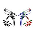 Silhouette of two parrots color and black, cartoon on white ba