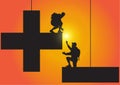 Silhouette of two people climbing from minus sign to plus sign on golden sunrise background, helping hand and assistance concept