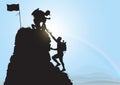 Silhouette of two people climbing mountain helping each other on blue sky background, helping hand and assistance concept