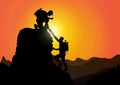 Silhouette of two people climbing mountain helping each other on rocky mountains with sunrise background, helping hand and
