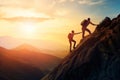 Silhouette two people helping each other hike up a mountain at sunrise or sunset. Giving a helping hand. Travel hiking journey Royalty Free Stock Photo