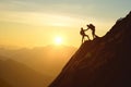 Silhouette two people helping each other hike up a mountain at sunrise or sunset. Giving a helping hand. Travel hiking journey Royalty Free Stock Photo