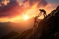 Silhouette two people helping each other hike up a mountain at sunrise or sunset. Giving a helping hand. Travel hiking journey Royalty Free Stock Photo