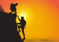 Silhouette of two men hiking climbing mountain and helping each other on sunrise background, helping hand and assistance concept