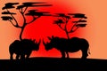 Silhouette two rhinos in the sunset Royalty Free Stock Photo
