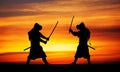 Silhouette of two samurais in duel.