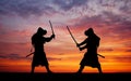 Silhouette of two samurais in duel. Royalty Free Stock Photo