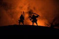 Silhouette of two samurais in duel. Picture with two samurais and sunset sky Royalty Free Stock Photo