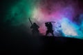 Silhouette of two samurais in duel. Picture with two samurais and sunset sky Royalty Free Stock Photo