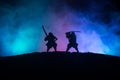 Silhouette of two samurais in duel. Picture with two samurais and sunset sky Royalty Free Stock Photo