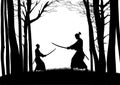 Silhouette of two samurais having a duel in the woods Royalty Free Stock Photo