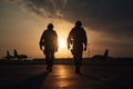 Silhouette of two soldiers walking on the runway at sunset. Military soldiers standing on a beautiful sunset, AI Generated