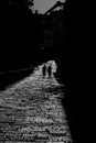 Silhouette of two walking people by the street of paving stones, in black and white colors.