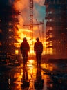 Silhouette of two workers in high-visibility jackets walking in front of construction site at sunset Royalty Free Stock Photo