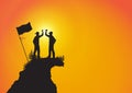 Silhouette of two men on top of mountain with fist raised up with flag, success,achievement and winning concept Royalty Free Stock Photo