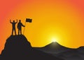 Silhouette of two men on top of mountain with fists raised up and holding flag, success, achievement,victory and winning concept Royalty Free Stock Photo