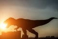 Silhouette of tyrannosaurus and buildings in a sunset time