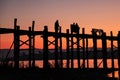 Silhouette of U Bein Bridge at sunrise near Amarapura in Myanmar former Burma