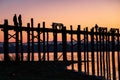 Silhouette of U Bein Bridge at sunrise near Amarapura in Myanmar former Burma