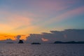 Silhouette unidentified ferry ship running sea