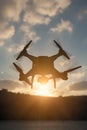 Silhouette of Unmanned Aircraft System UAV Quadcopter Drone In