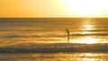 SILHOUETTE: Unrecognizable man stand up paddleboards on a sunny summer evening.