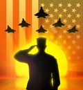 Silhouette of US soldier saluted.