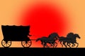 Silhouette of van with horses and cowboy