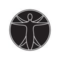 Silhouette vector icon of vitruvian man. Leonardo image. Sign of human figure enclosed in circle for illustration for canonical Royalty Free Stock Photo