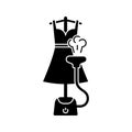 Silhouette Vertical steamer ironing woman`s dress with hot air. Outline illustration of electric laundry equipment. Floor steam