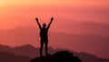 A silhouette of a victorious hiker standing on a mountain peak Royalty Free Stock Photo