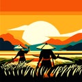 Silhouette of Vietnamese rice farmers working on rice field at sunset, vector illustration generative AI