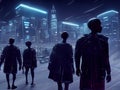 Silhouette view of alien humanoid living beings in a futuristic city with skyscrapers, at night, on an unknown planet