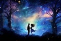 Silhouette view of a couple standing beneath a magical colorful abstract fantasy night sky with sparkling stars. AI generated.