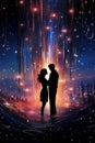 Portrait view of a lovely couple looking eye to eye while hugging on an abstract fantasy magical backdrop. AI generated.