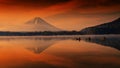 Silhouette view of fishermen on boats with mist and twilight sky during dawn at Shoji lake in Yamanashi, Japan. Landscape with Royalty Free Stock Photo