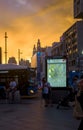 Silhouette view of Gran Via, Madrid Spain, with heavy storm clouds