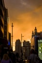 Silhouette view of Gran Via, Madrid Spain, with heavy storm clouds