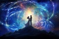 Beloved couple looking at each other on a cliff in a colorful swirl abstract fantasy magical backdrop. AI generated.