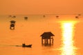 Silhouette view at sunrise time of bamboo cottage at Bang Tabun, Phetchaburi, Thailand Royalty Free Stock Photo