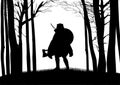 Silhouette of Viking bersserker wearing bear skin holding an axe in the woods