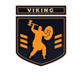 Silhouette of Viking warrior with axe and shield on shield-shaped emblem. Medieval Norseman logo design. Warrior emblem