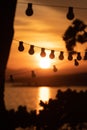 Silhouette of vintage light bulbs on string wire against sunset background Royalty Free Stock Photo