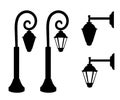 Silhouette of vintage streetlights. Vector retro street lamp lights isolated on white background. Web site page and mobile app des Royalty Free Stock Photo